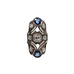 Маркиз пръстен Art Deco инкрустиран с 14-каратово бяло злато и диаманти, сапфири