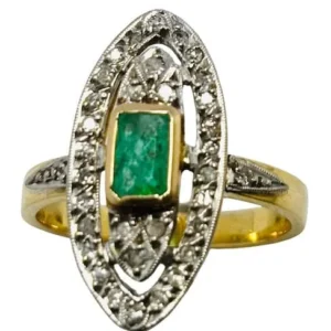 Art Deco златен пръстен с платинени акценти, set с естествен изумруд и 28 диаманта