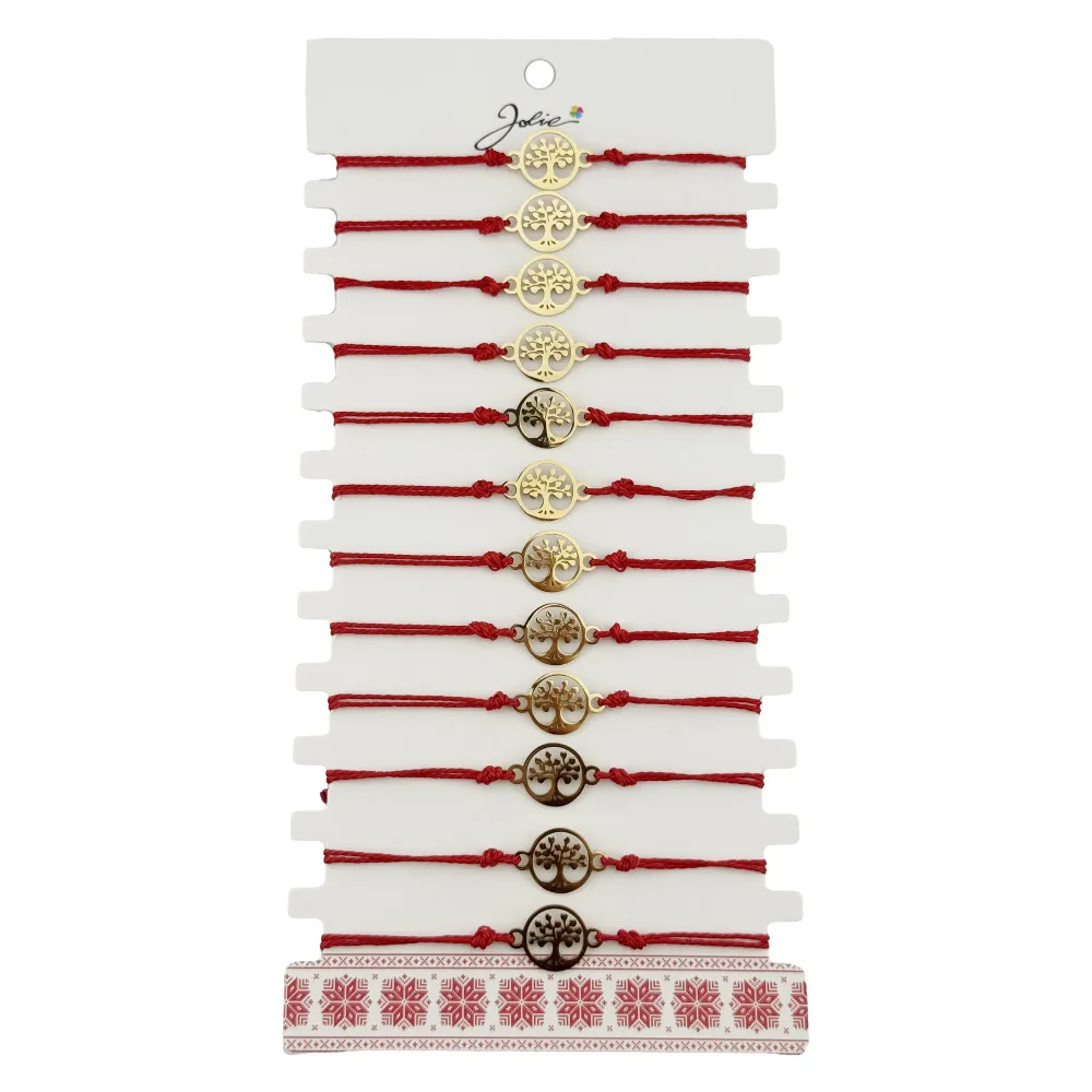 Bratara Martisor pentru Copii, Jolie, Model Copacul Vietii, Set 12 bucati, Pandativ Auriu din Inox cu Snur Rosu Ajustabil