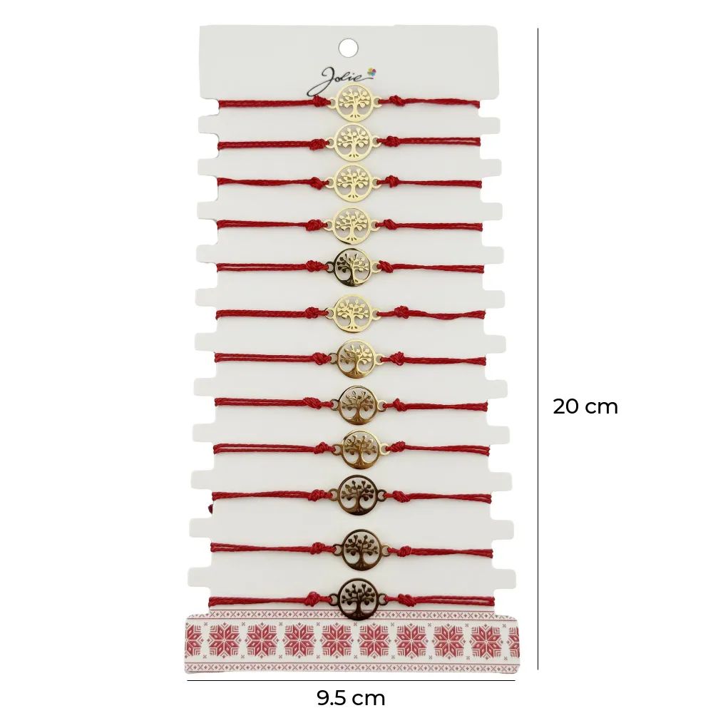 Bratara Martisor pentru Copii, Jolie, Model Copacul Vietii, Set 12 bucati, Pandativ Auriu din Inox cu Snur Rosu Ajustabil