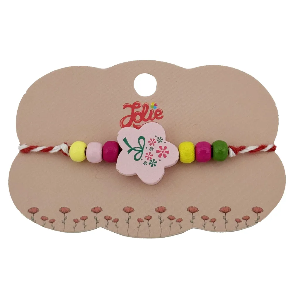 Bratara Martisor pentru Copii, Jolie, Pandativ Floare, cu Margele Multicolore, Snur Alb/Rosu, Roz/Multicolor