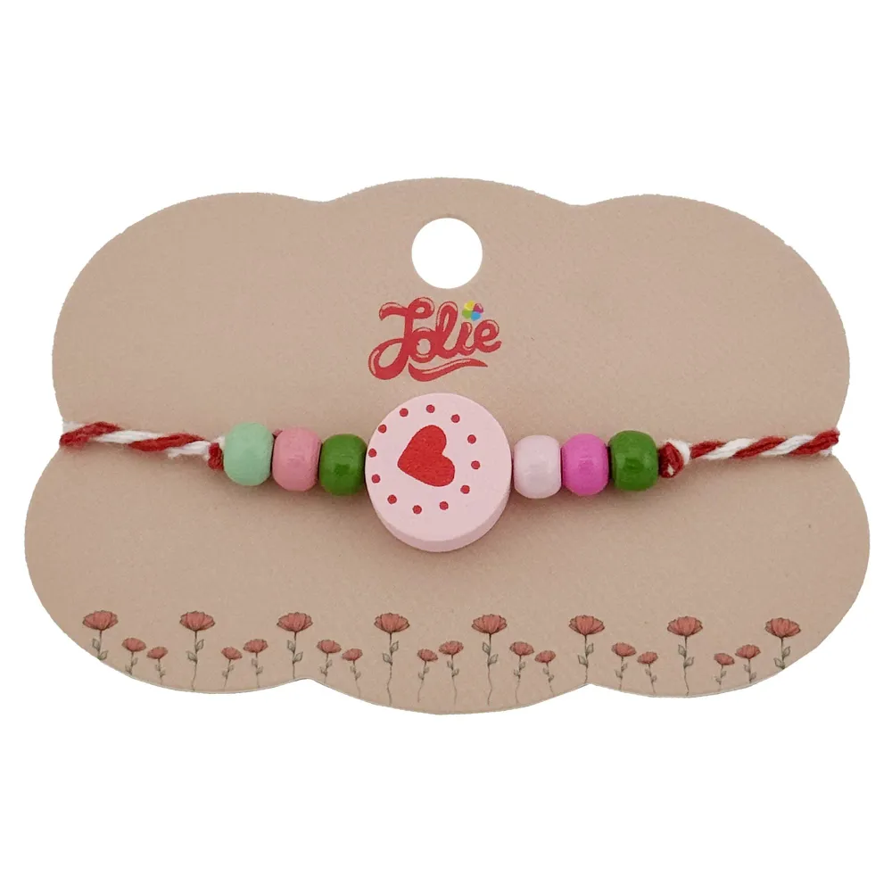Bratara Martisor pentru Copii, Jolie, Pandativ Rotund Inima, cu Margele Multicolore, Snur Alb/Rosu, Roz deschis
