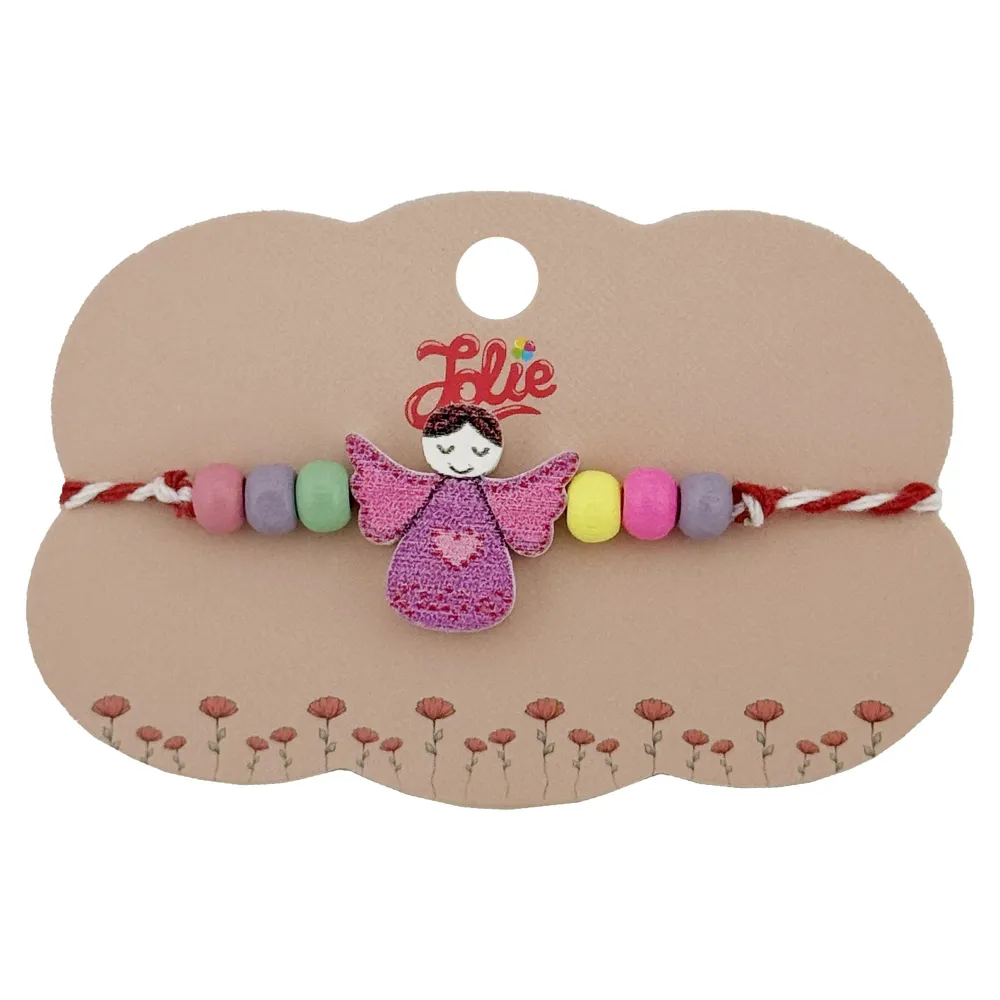 Bratara Martisor pentru Copii, Jolie, Pandativ Ingeras, cu Margele Multicolore, Snur Alb/Rosu, Mov/Multicolor