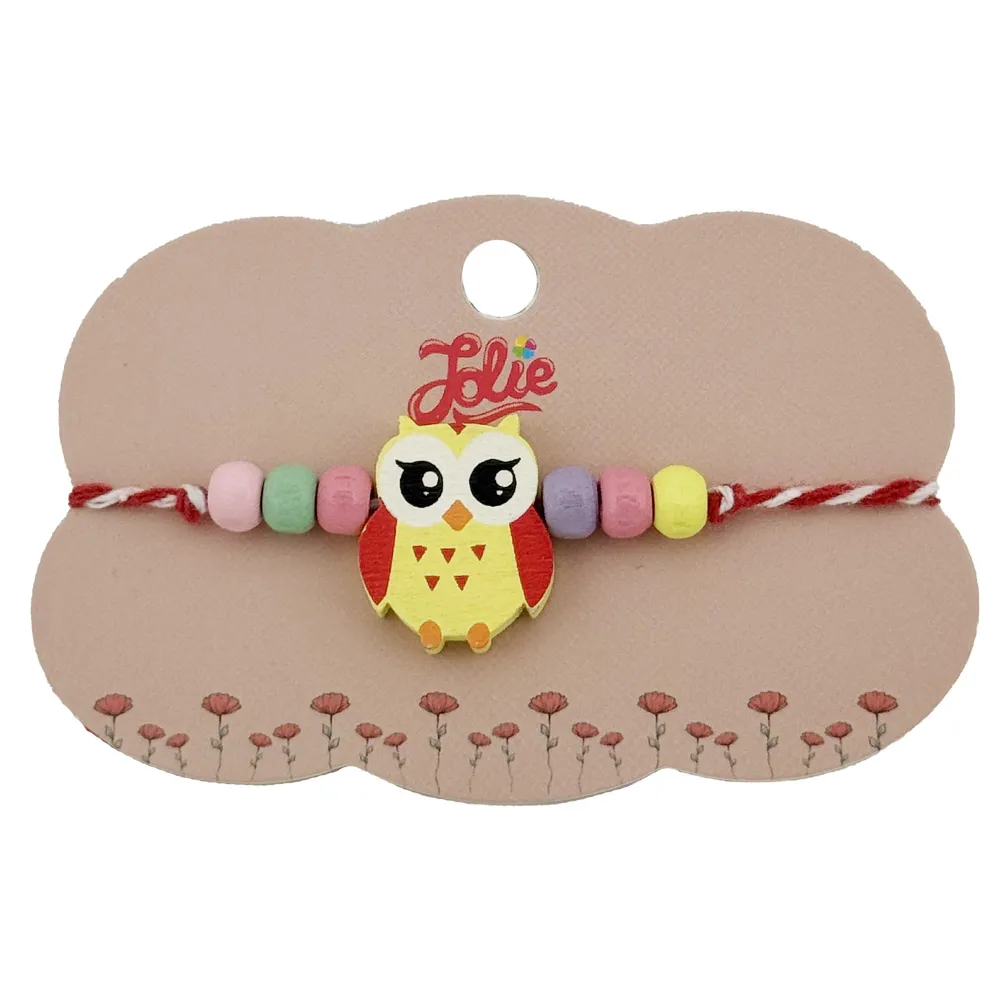 Bratara Martisor pentru Copii, Jolie, Pandativ Bufnita, cu Margele Multicolore, Snur Alb/Rosu, Galben