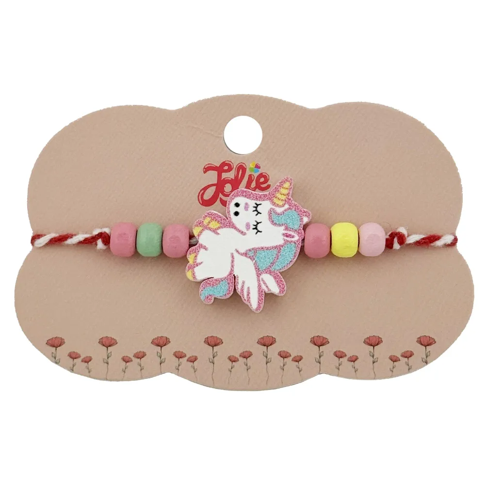 Bratara Martisor pentru Copii, Jolie, Pandativ Unicorn, cu Margele Multicolore, Snur Alb/Rosu, Alb/Roz