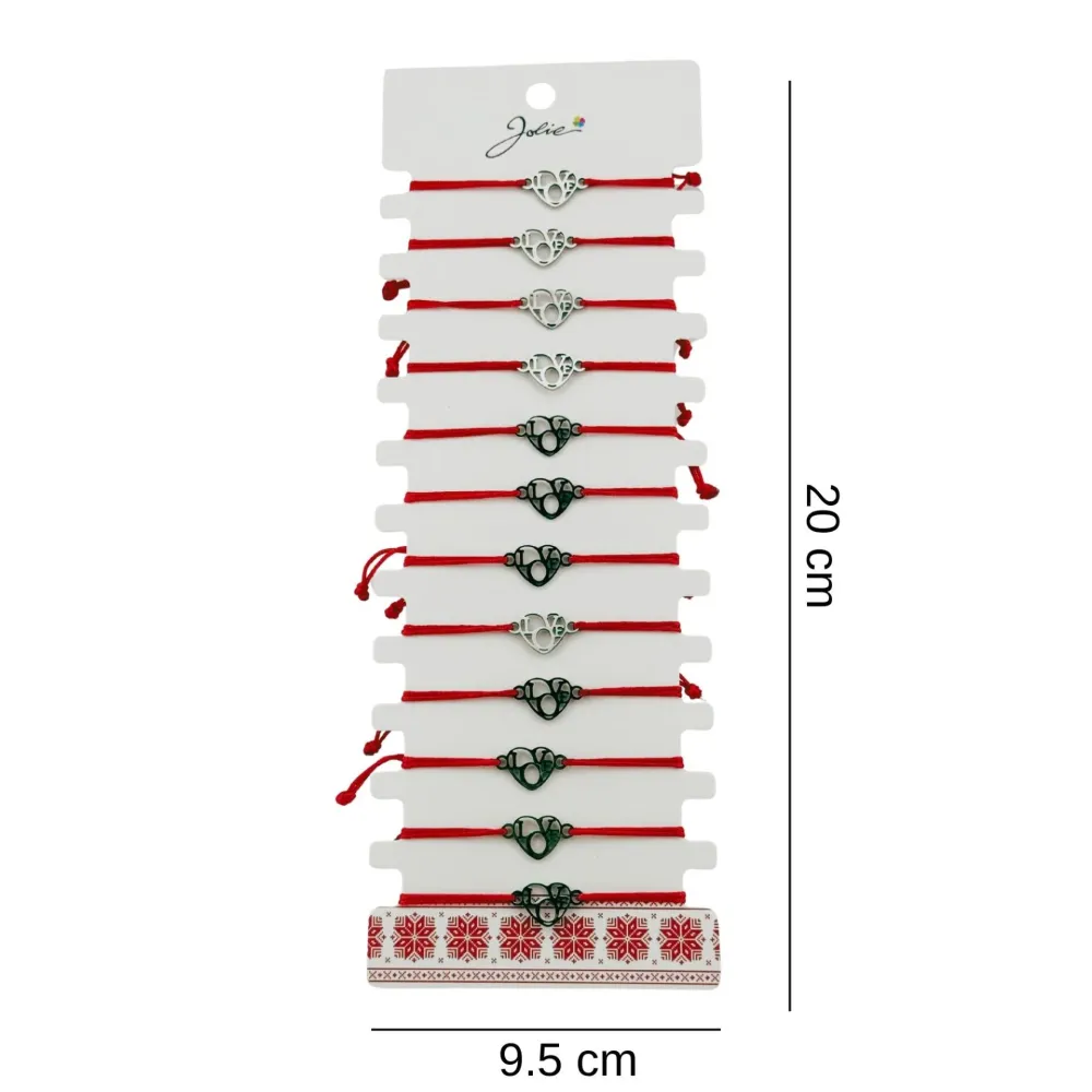 Bratara Martisor pentru Dama, Jolie, Model Inima Love, Set 12 bucati, Pandativ Argintiu din Inox cu Snur Rosu Ajustabil