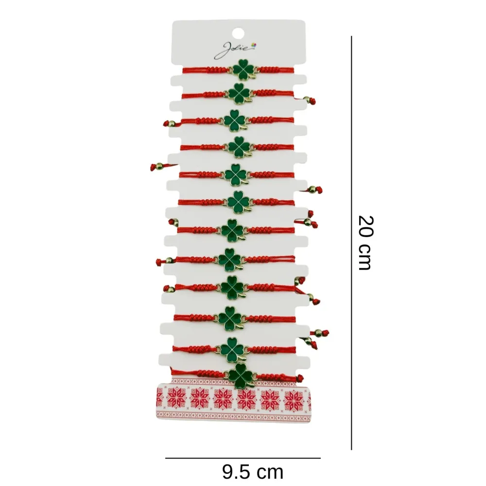 Bratara Martisor pentru Dama, Jolie, Model Trifoi, Set 12 bucati, Pandativ Auriu din Inox cu Snur Rosu Ajustabil