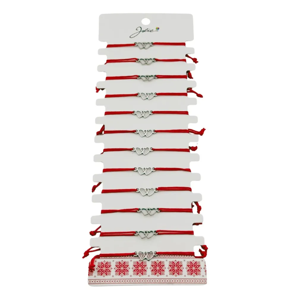 Bratara Martisor pentru Dama, Jolie, Model Doua Inimi, Set 12 bucati, Pandativ Argintiu din Inox cu Snur Rosu Ajustabil