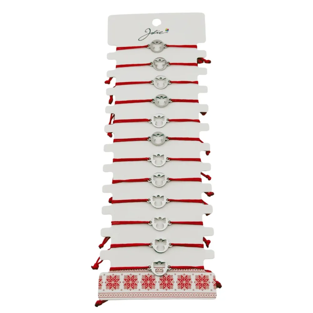 Bratara Martisor pentru Dama, Jolie, Model Inger Cerc, Set 12 bucati, Pandativ Argintiu din Inox cu Snur Rosu Ajustabil