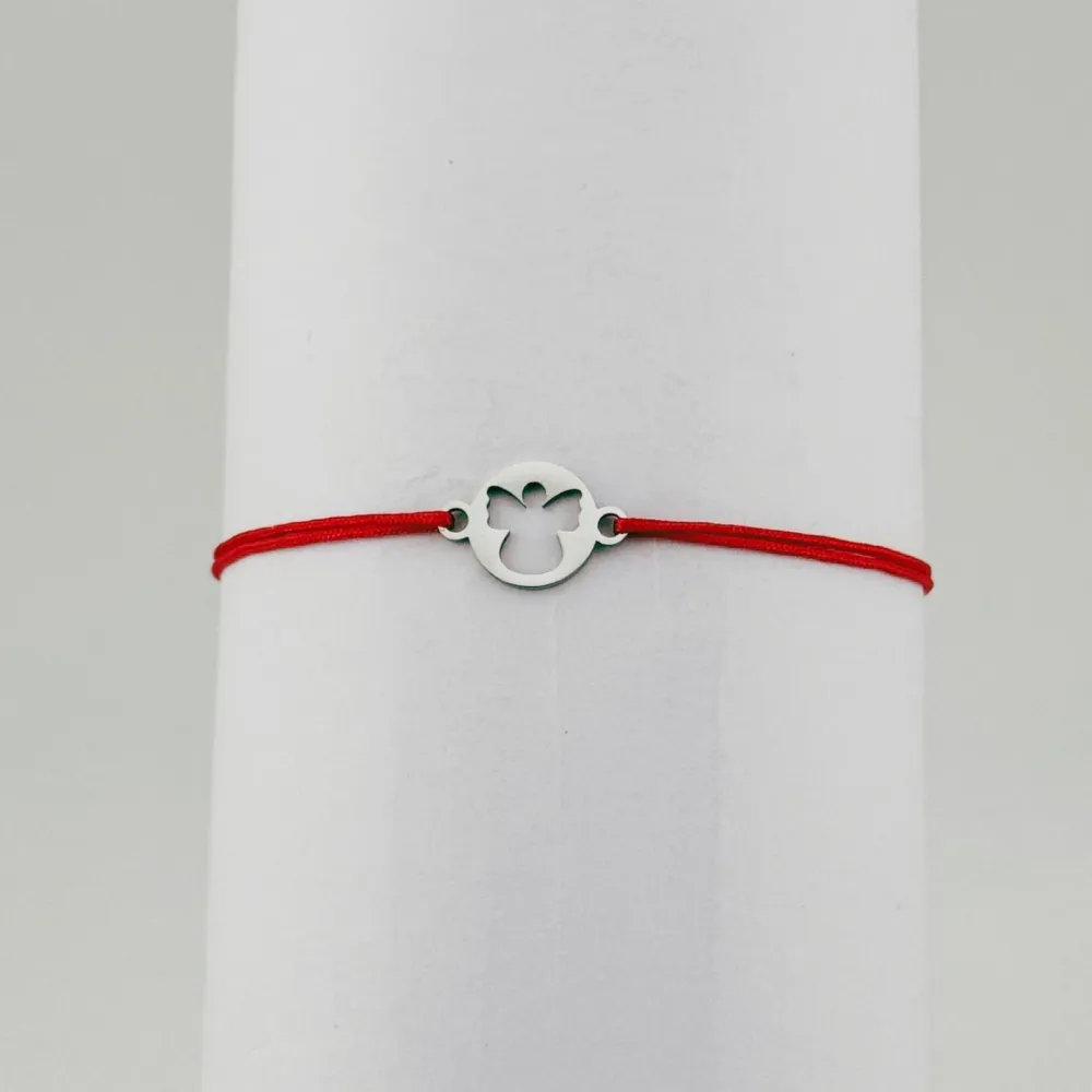 Bratara Martisor pentru Dama, Jolie, Model Inger Cerc, Set 12 bucati, Pandativ Argintiu din Inox cu Snur Rosu Ajustabil