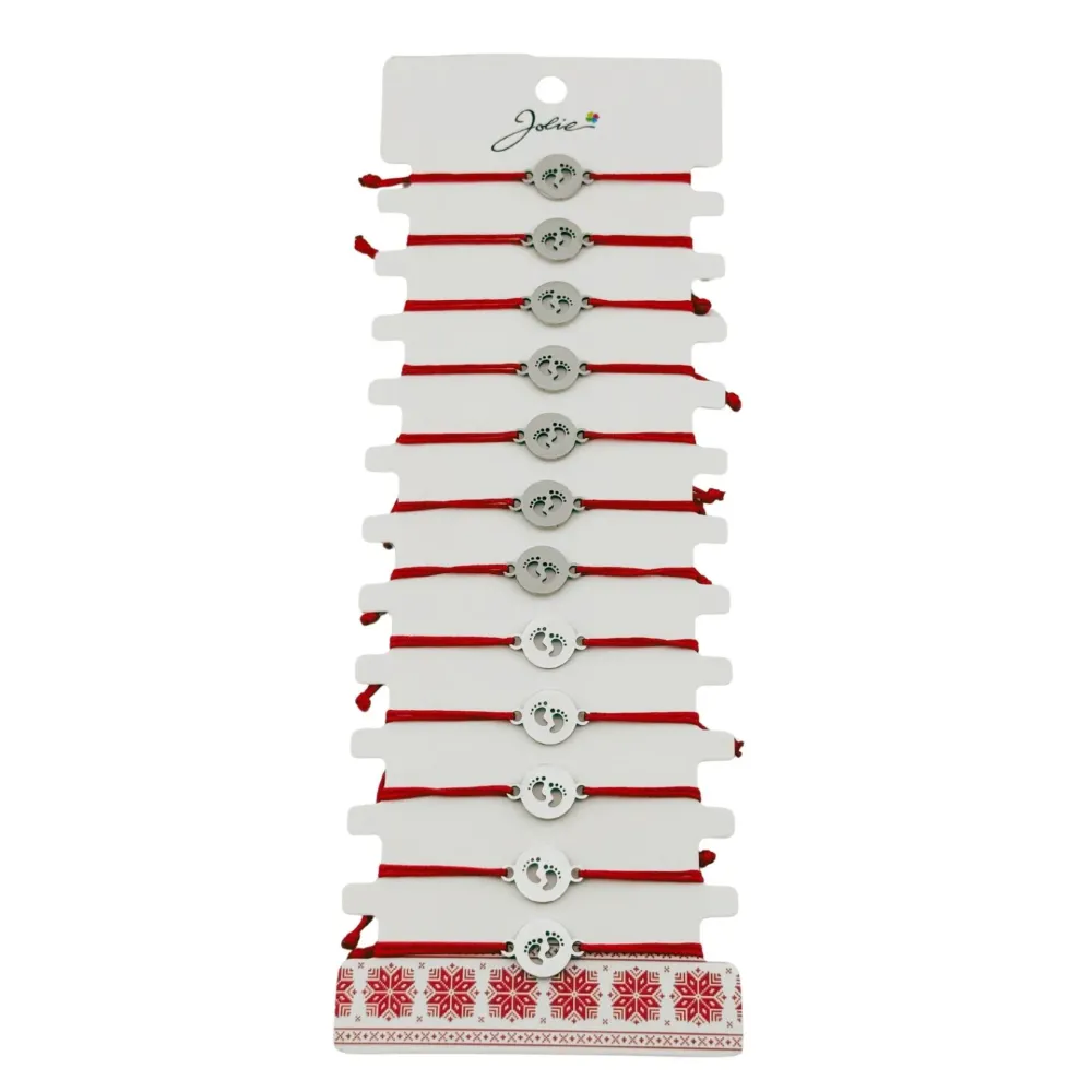 Bratara Martisor pentru Dama, Jolie, Model Talpi Cerc, Set 12 bucati, Pandativ Argintiu din Inox cu Snur Rosu Ajustabil