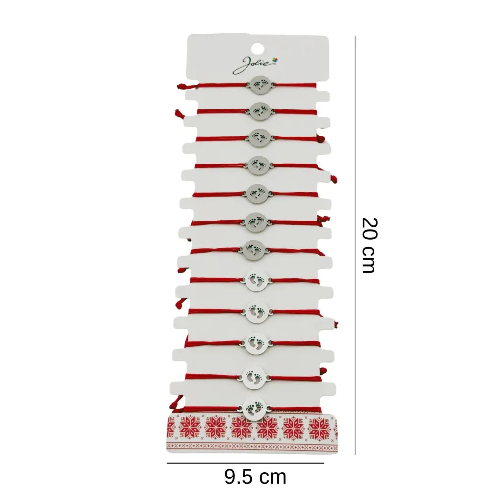 Bratara Martisor pentru Dama, Jolie, Model Talpi Cerc, Set 12 bucati, Pandativ Argintiu din Inox cu Snur Rosu Ajustabil