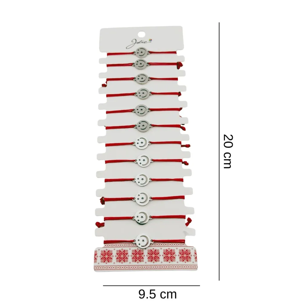 Bratara Martisor pentru Dama, Jolie, Model Luna Cerc, Set 12 bucati, Pandativ Argintiu din Inox cu Snur Rosu Ajustabil