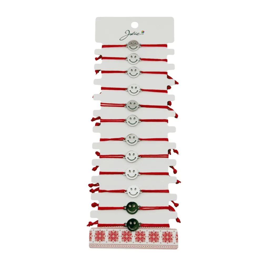 Bratara Martisor pentru Dama, Jolie, Model Smile, Set 12 bucati, Pandativ Argintiu din Inox cu Snur Rosu Ajustabil