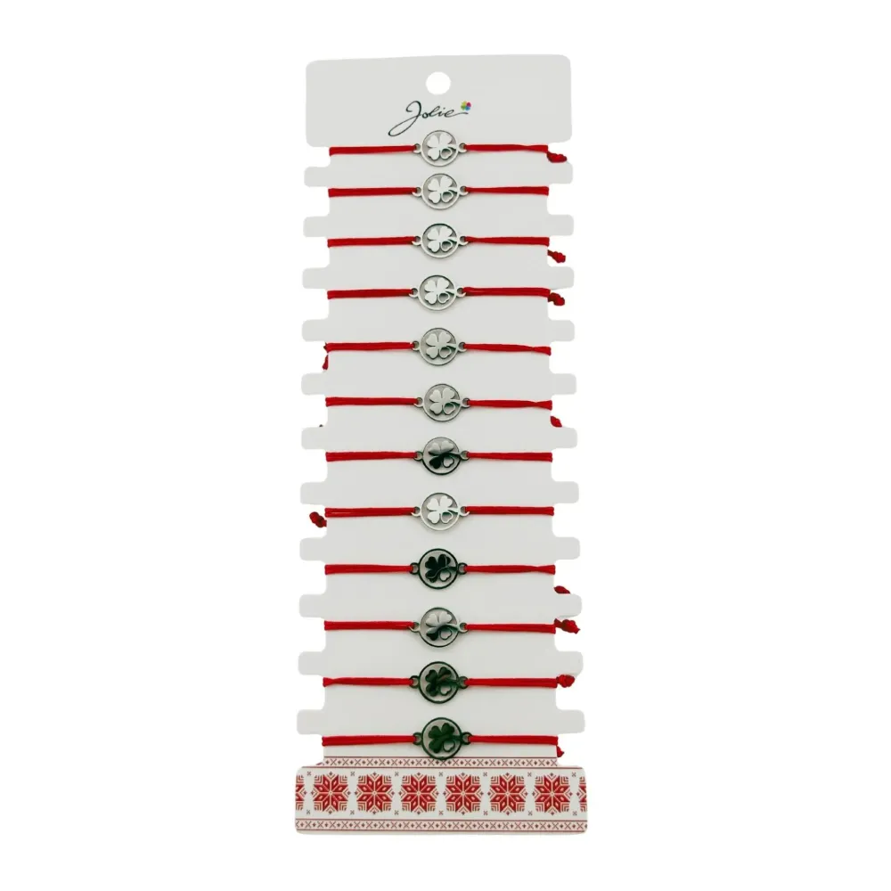 Bratara Martisor pentru Dama, Jolie, Model Trifoi cu Inima, Set 12 bucati, Pandativ Argintiu din Inox cu Snur Rosu Ajustabil