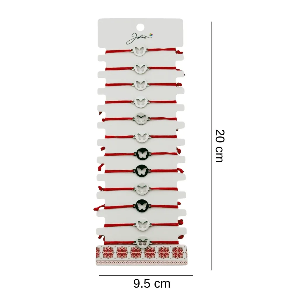 Bratara Martisor pentru Dama, Jolie, Model Fluture Cerc, Set 12 bucati, Pandativ Argintiu din Inox cu Snur Rosu Ajustabil