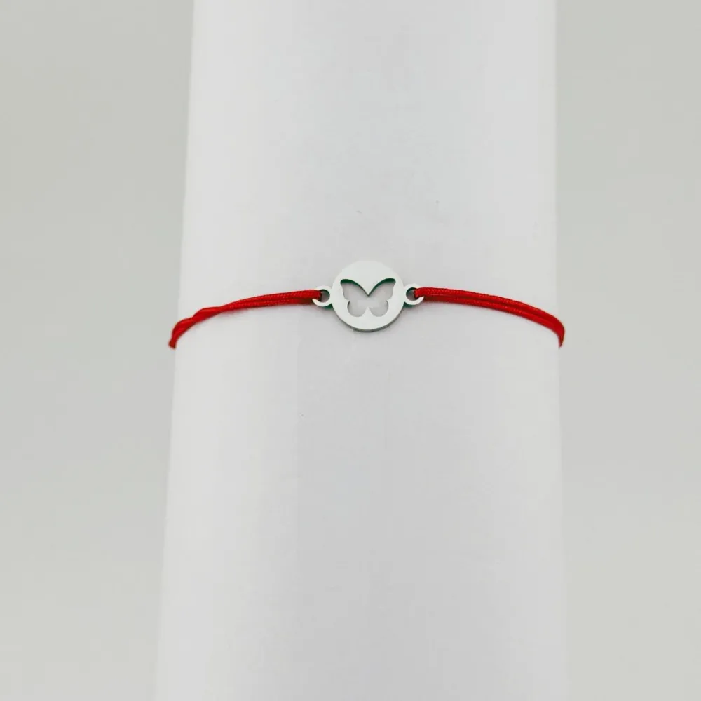 Bratara Martisor pentru Dama, Jolie, Model Fluture Cerc, Set 12 bucati, Pandativ Argintiu din Inox cu Snur Rosu Ajustabil