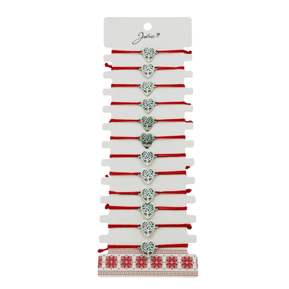 Bratara Martisor pentru Dama, Jolie, Model Copac Inima, Set 12 bucati, Pandativ Argintiu din Inox cu Snur Rosu Ajustabil
