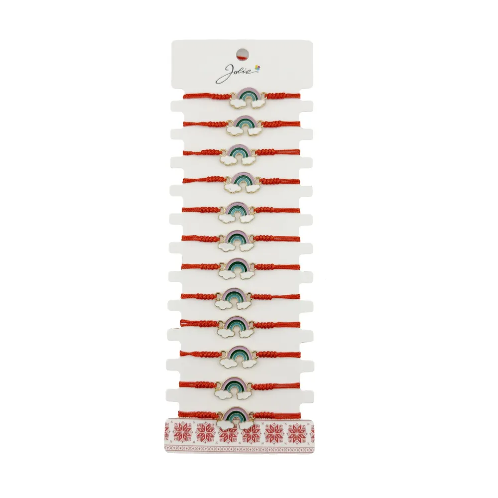 Bratara Martisor pentru Dama, Jolie, Model Curcubeu cu Nori, Set 12 bucati, Pandativ din Inox Auriu, Snur Ajustabil Implet...