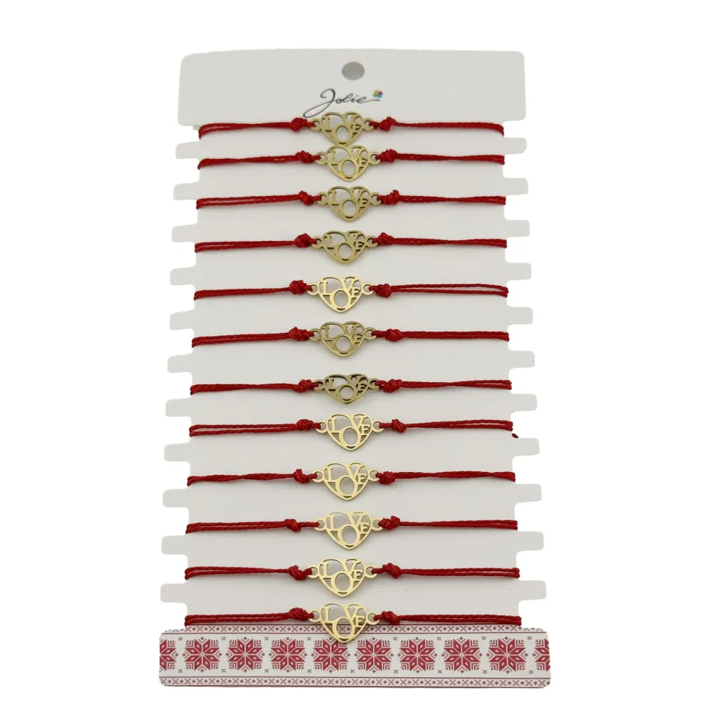Bratara Martisor pentru Dama, Jolie, Model Love, Set 12 bucati, Pandativ din Inox Auriu, Snur Ajustabil Impletit, Rosu