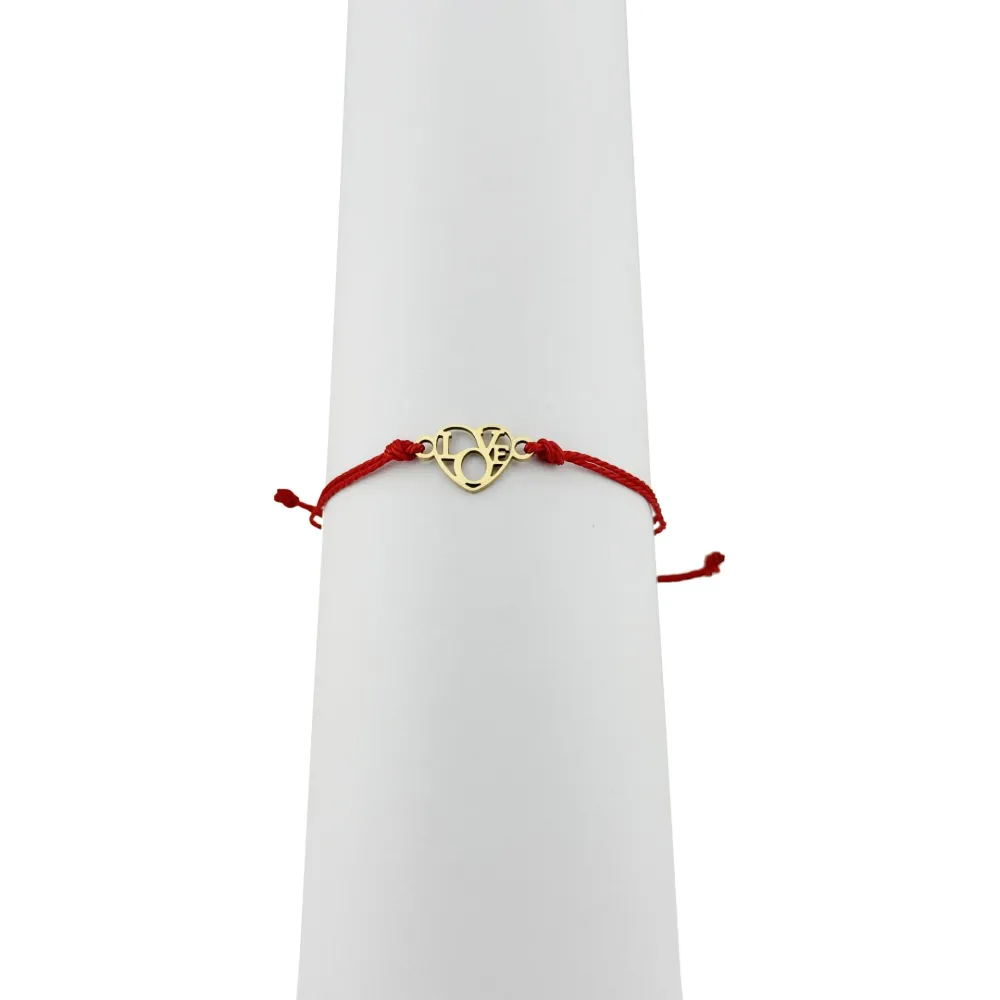 Bratara Martisor pentru Dama, Jolie, Model Love, Set 12 bucati, Pandativ din Inox Auriu, Snur Ajustabil Impletit, Rosu