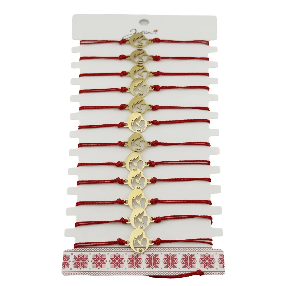 Bratara Martisor pentru Dama, Jolie, Model Mama cu Copil, Set 12 bucati, Pandativ din Inox Auriu, Snur Ajustabil Impletit,...