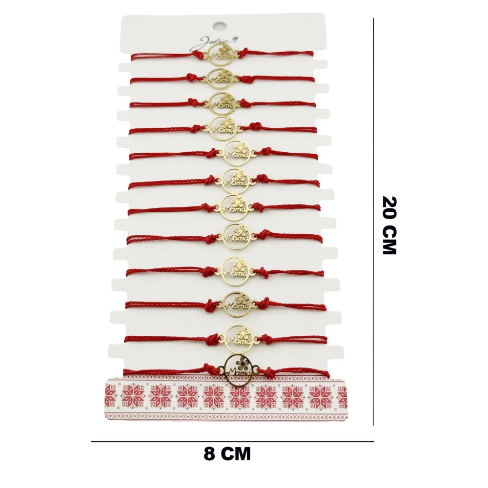 Bratara Martisor pentru Dama, Jolie, Model Mama cu Floare, Set 12 bucati, Pandativ din Inox Auriu, Snur Ajustabil Impletit...