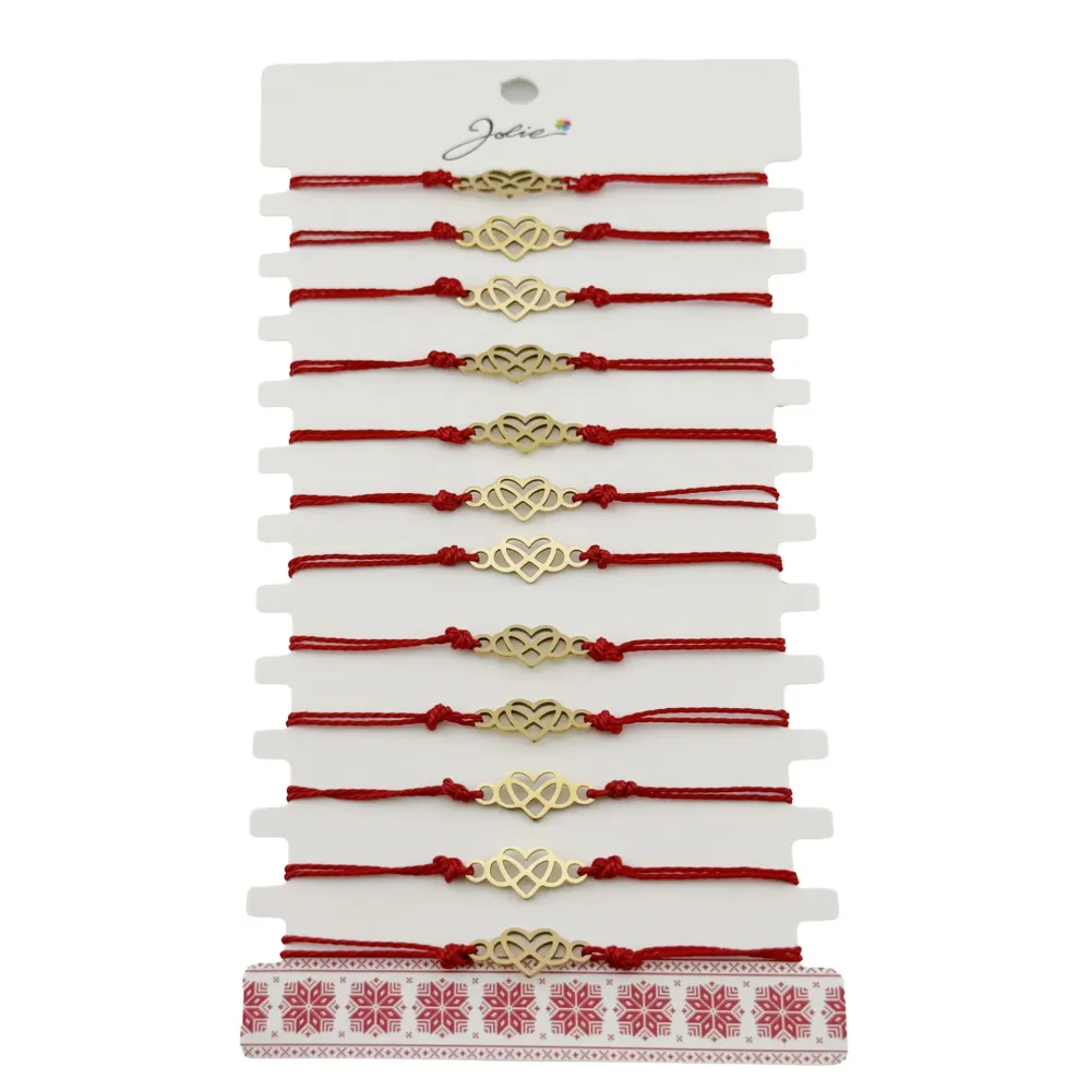 Bratara Martisor pentru Dama, Jolie, Model Infinit Inima, Set 12 bucati, Pandativ din Inox Auriu, Snur Ajustabil Impletit,...
