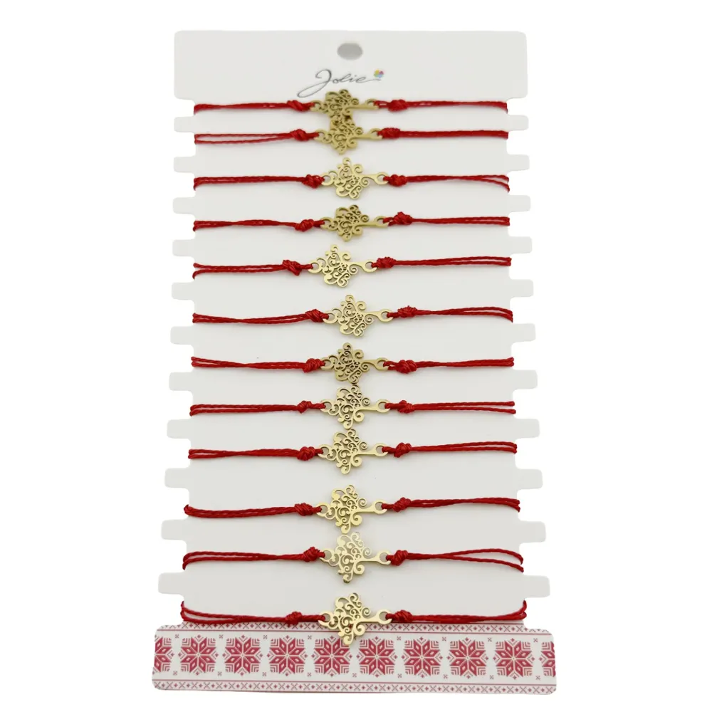 Bratara Martisor pentru Dama, Jolie, Model Copac, Set 12 bucati, Pandativ din Inox Auriu, Snur Ajustabil Impletit, Rosu