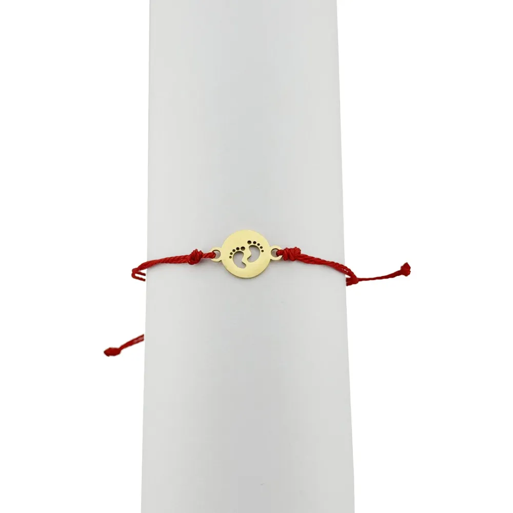 Bratara Martisor pentru Dama, Jolie, Model Picioruse, Set 12 bucati, Pandativ din Inox Auriu, Snur Ajustabil Impletit, Rosu