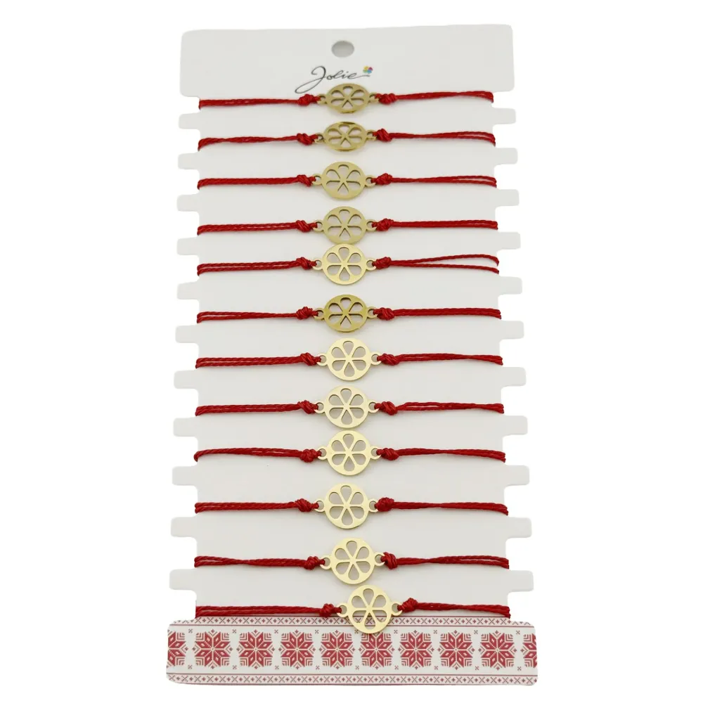 Bratara Martisor pentru Dama, Jolie, Model Floare, Set 12 bucati, Pandativ din Inox Auriu, Snur Ajustabil Impletit, Rosu