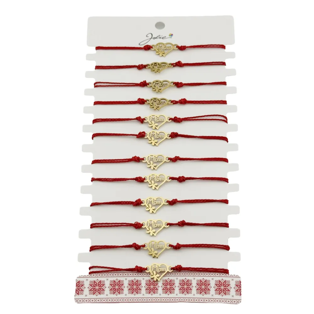 Bratara Martisor pentru Dama, Jolie, Model Inima Mama si Trifoi, Set 12 bucati, Pandativ din Inox Auriu, Snur Ajustabil Im...