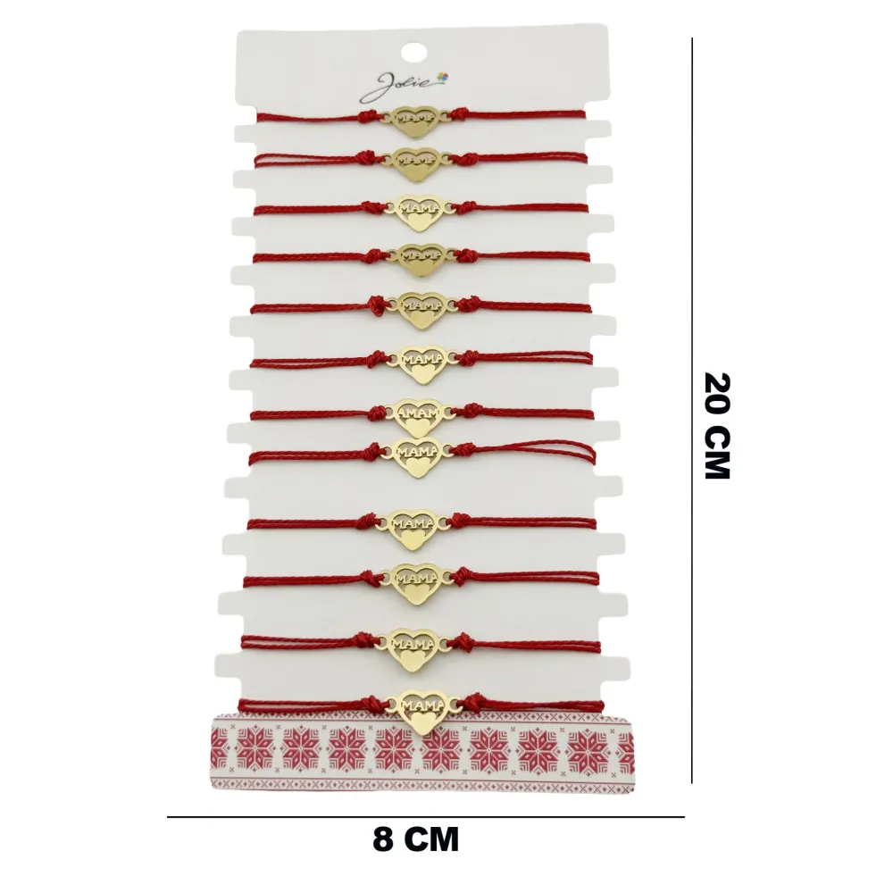 Bratara Martisor pentru Dama, Jolie, Model Inima Mama, Set 12 bucati, Pandativ din Inox Auriu, Snur Ajustabil Impletit, Rosu