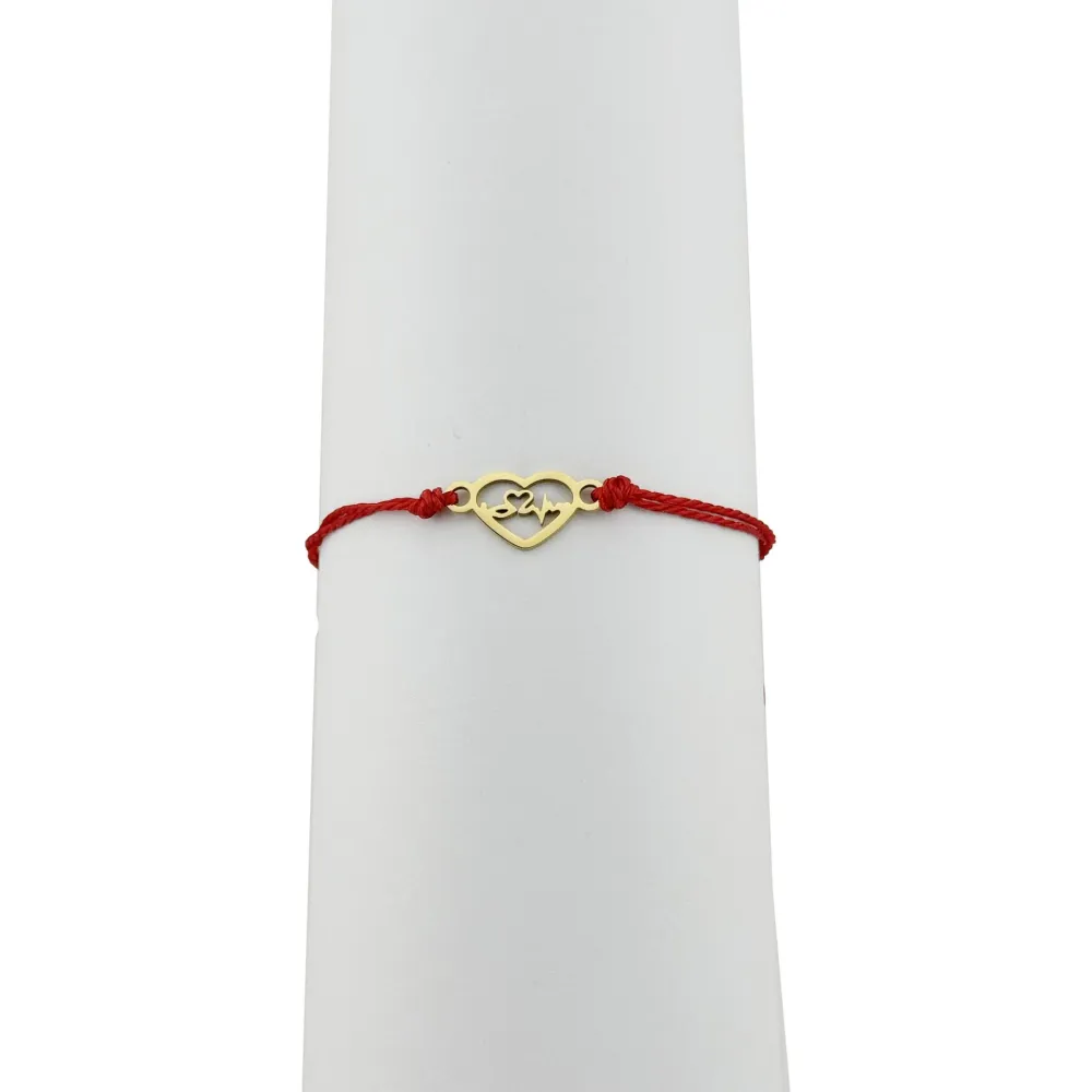 Bratara Martisor pentru Dama, Jolie, Model Inima, Set 12 bucati, Pandativ din Inox Auriu, Snur Ajustabil Impletit, Rosu