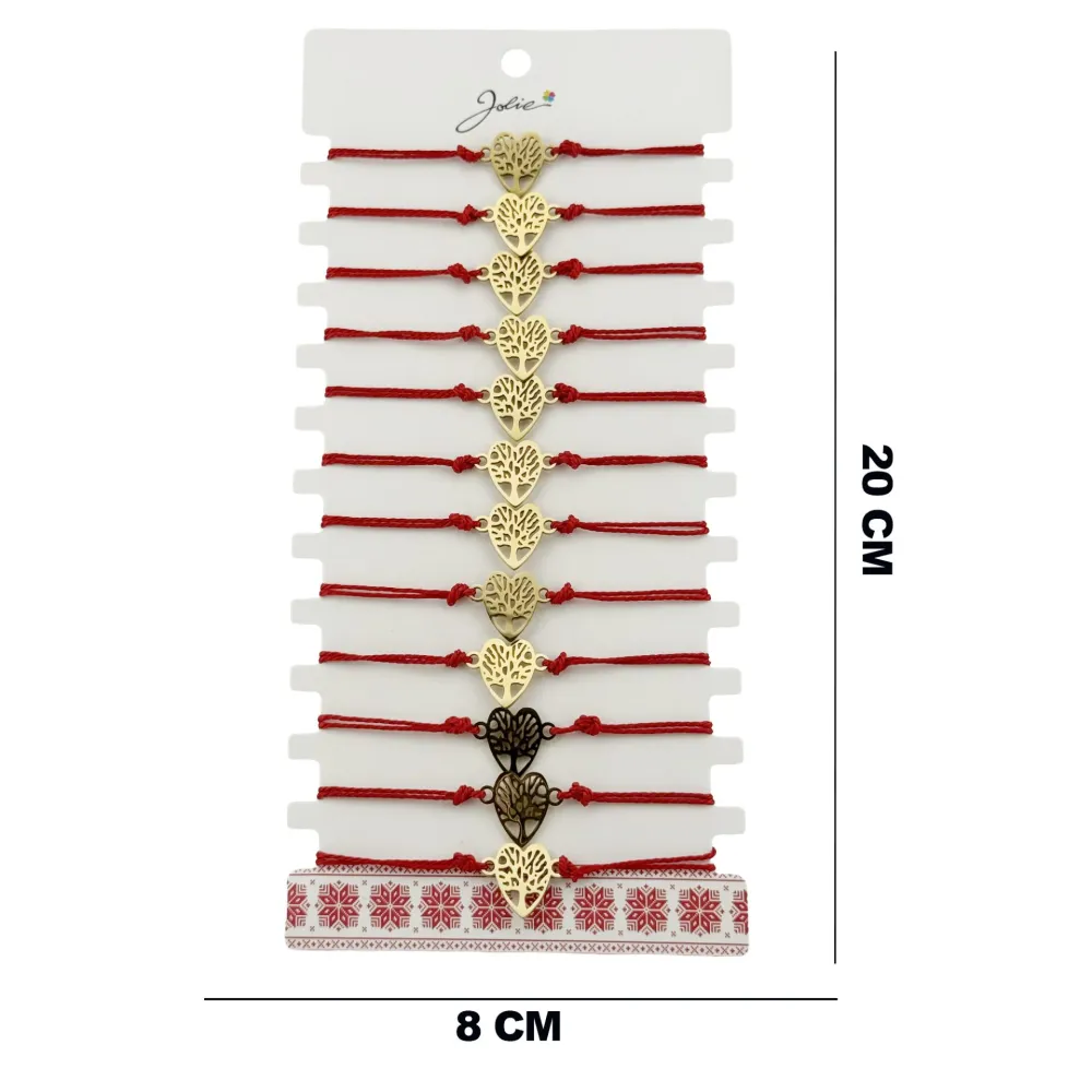 Bratara Martisor pentru Dama, Jolie, Model Copac Inima, Set 12 bucati, Pandativ din Inox Auriu, Snur Ajustabil Impletit, Rosu