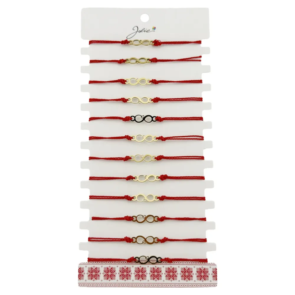 Bratara Martisor pentru Dama, Jolie, Model Infinit, Set 12 bucati, Pandativ din Inox Auriu, Snur Ajustabil Impletit, Rosu