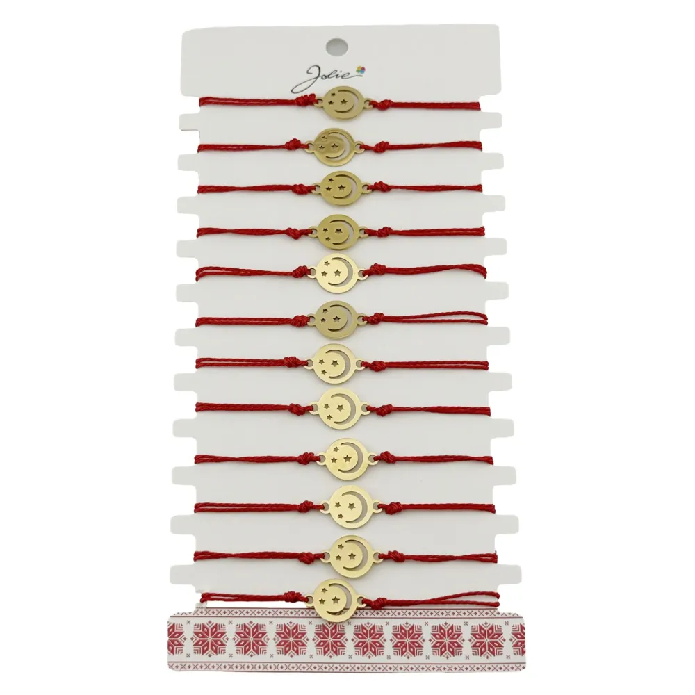 Bratara Martisor pentru Dama, Jolie, Model Luna cu Stele, Set 12 bucati, Pandativ din Inox Auriu, Snur Ajustabil Impletit,...