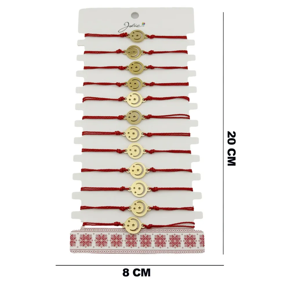 Bratara Martisor pentru Dama, Jolie, Model Luna cu Stele, Set 12 bucati, Pandativ din Inox Auriu, Snur Ajustabil Impletit,...