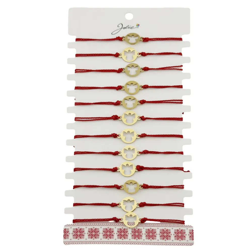 Bratara Martisor pentru Dama, Jolie, Model Inger, Set 12 bucati, Pandativ din Inox Auriu, Snur Ajustabil Impletit, Rosu