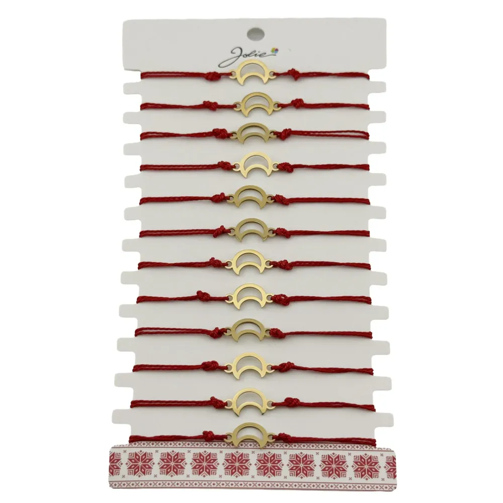 Bratara Martisor pentru Dama, Jolie, Model Luna Contur, Set 12 bucati, Pandativ din Inox Auriu, Snur Ajustabil Impletit, Rosu