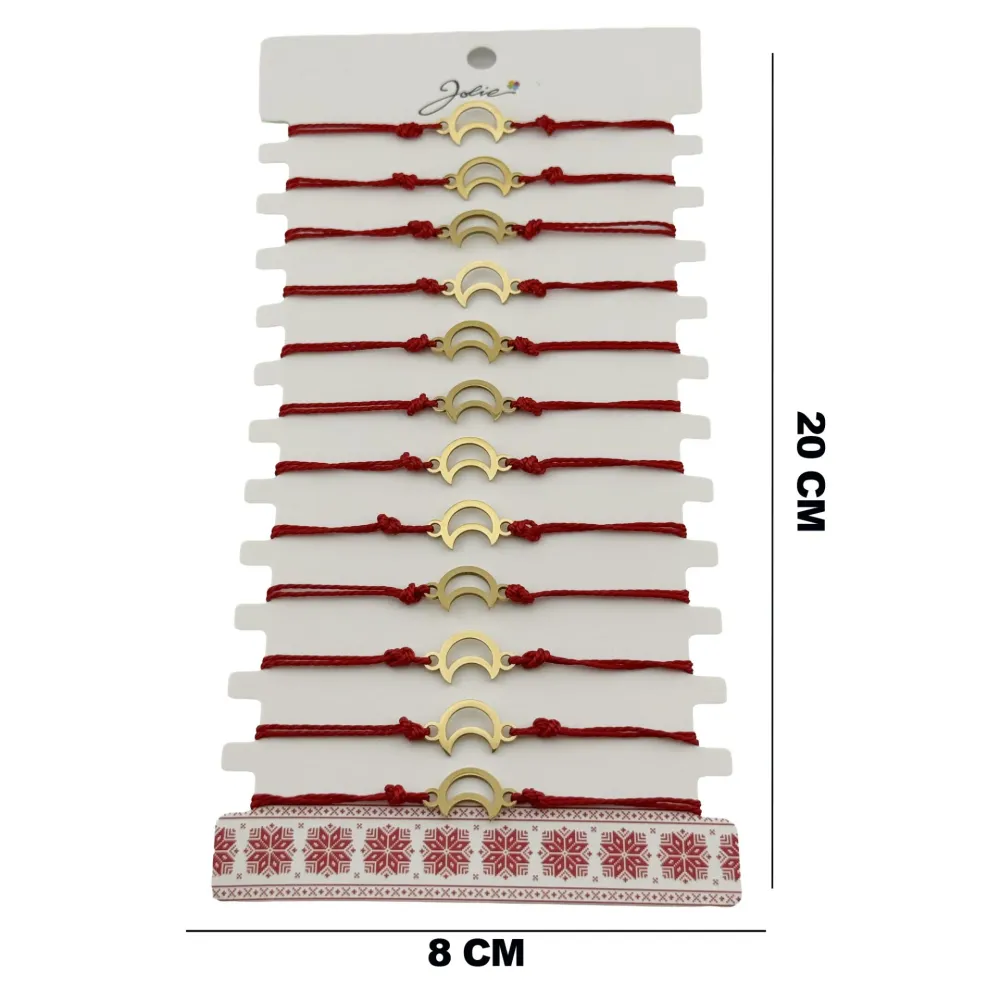 Bratara Martisor pentru Dama, Jolie, Model Luna Contur, Set 12 bucati, Pandativ din Inox Auriu, Snur Ajustabil Impletit, Rosu