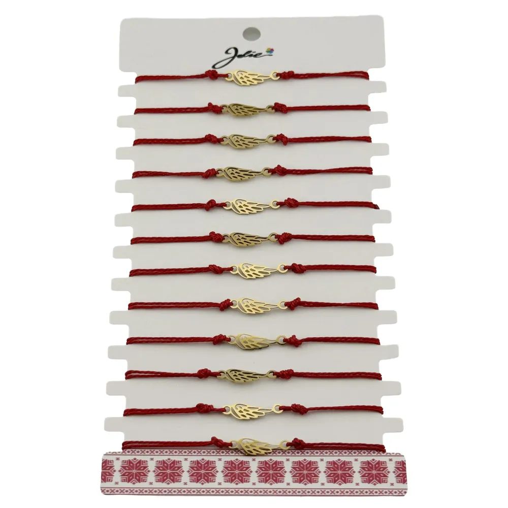 Bratara Martisor pentru Dama, Jolie, Model Aripa, Set 12 bucati, Pandativ din Inox Auriu, Snur Ajustabil Impletit, Rosu