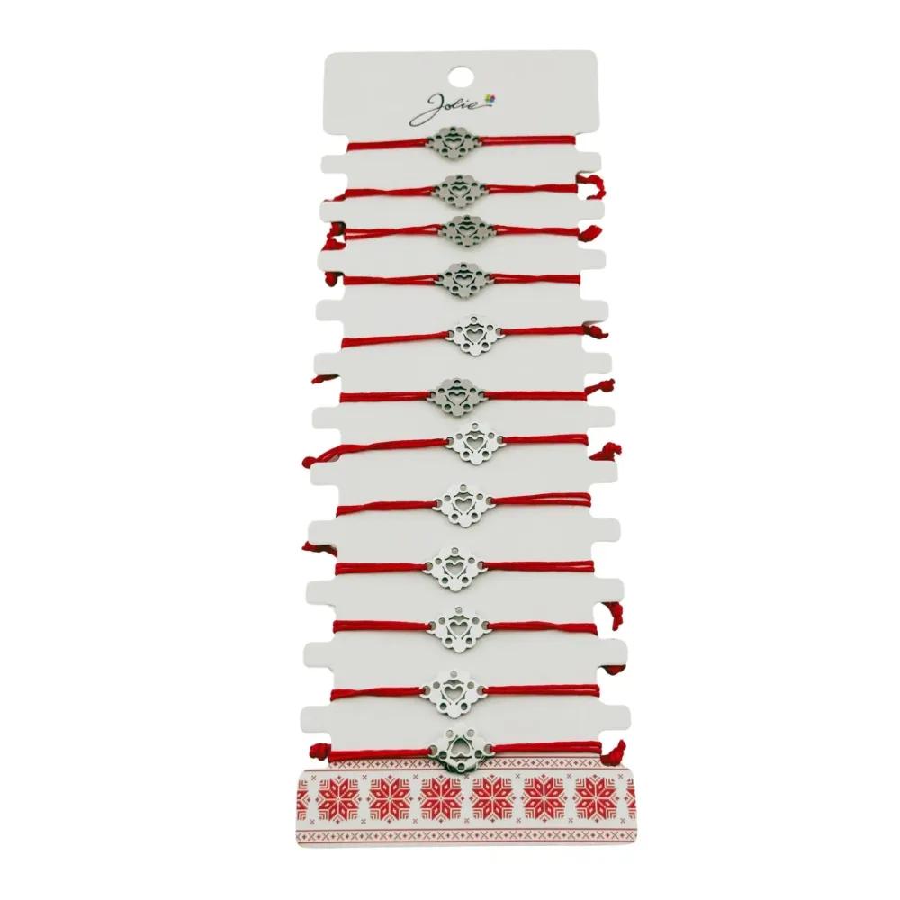 Bratara Martisor pentru Dama, Jolie, Model Inima Floare, Set 12 bucati, Pandativ Argintiu din Inox cu Snur Rosu Ajustabil