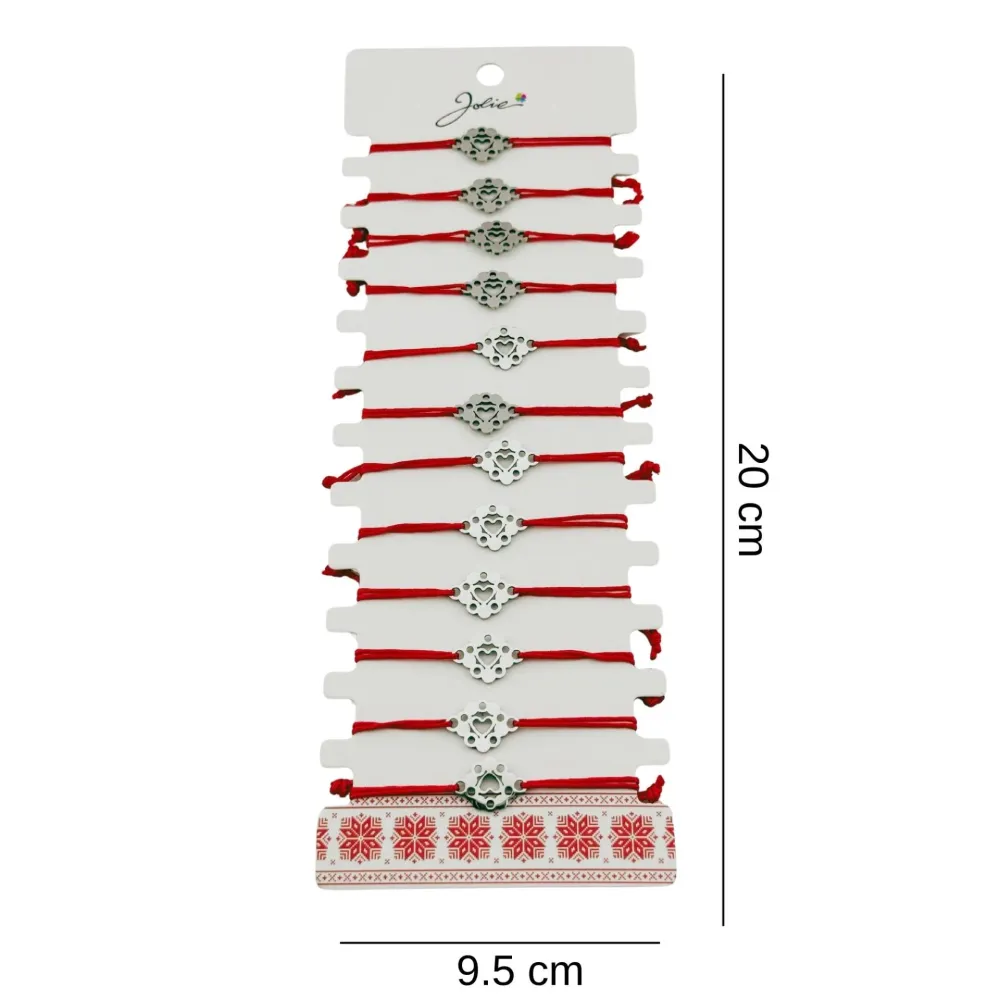 Bratara Martisor pentru Dama, Jolie, Model Inima Floare, Set 12 bucati, Pandativ Argintiu din Inox cu Snur Rosu Ajustabil
