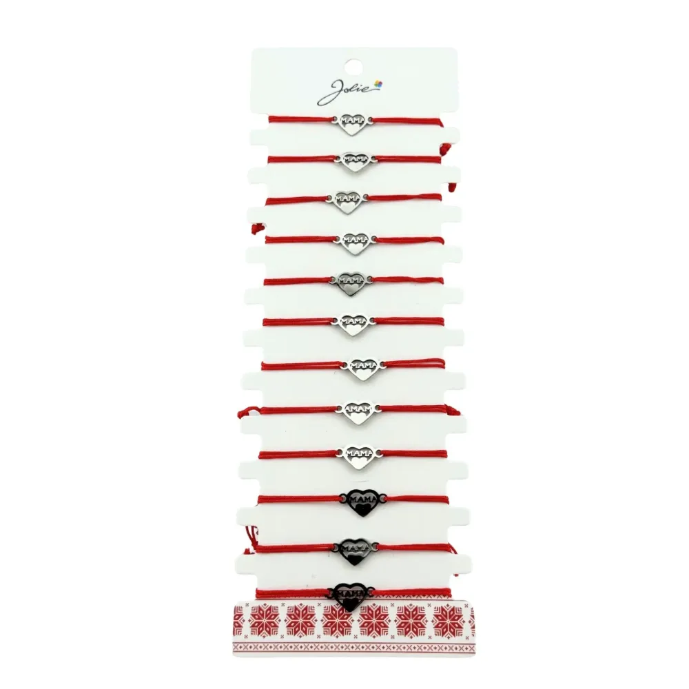 Bratara Martisor pentru Dama, Jolie, Model Inima cu Text Mama, Set 12 bucati, Pandativ Argintiu din Inox cu Snur Rosu Ajus...