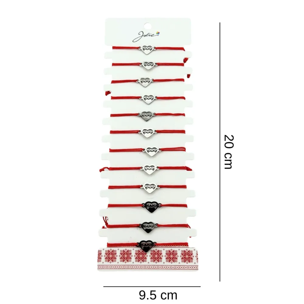 Bratara Martisor pentru Dama, Jolie, Model Inima cu Text Mama, Set 12 bucati, Pandativ Argintiu din Inox cu Snur Rosu Ajus...
