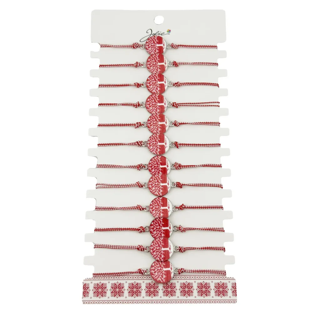 Bratara Martisor pentru Dama, Jolie, Model Rotund cu Copac, Set 12 bucati, Pandativ din Aliaj cu Print Traditional, Snur A...