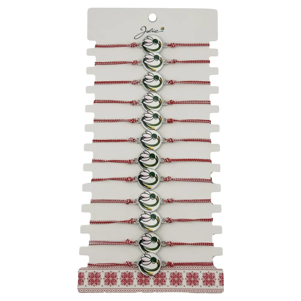 Bratara Martisor pentru Dama, Jolie, Model Rotund cu Ghiocel, Set 12 bucati, Pandativ din Aliaj cu Print Traditional, Snur...