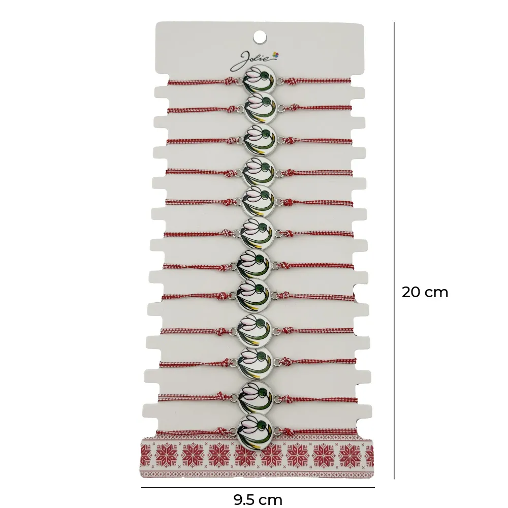 Bratara Martisor pentru Dama, Jolie, Model Rotund cu Ghiocel, Set 12 bucati, Pandativ din Aliaj cu Print Traditional, Snur...