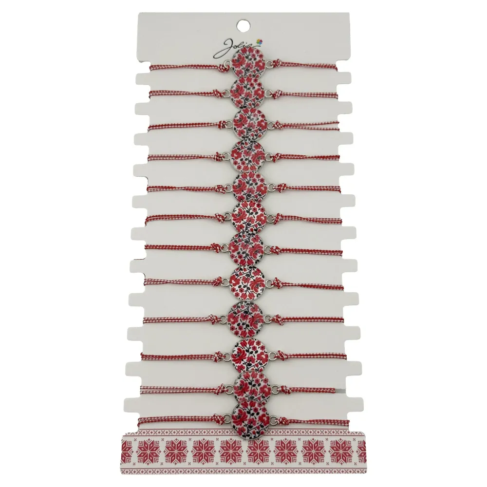Bratara Martisor pentru Dama, Jolie, Model Rotund cu Flori, Set 12 bucati, Pandativ din Aliaj, cu Print Traditional, Snur...